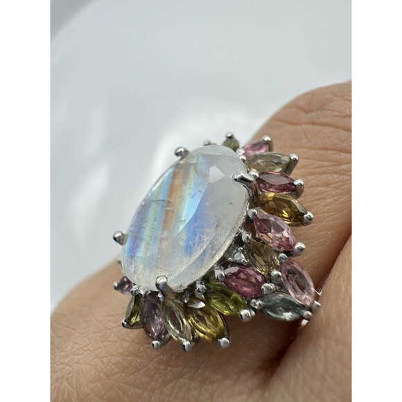 Stunning 925 sterling silver genuine rainbow moonstone tourmaline ring size 7 - Picture 6 of 8